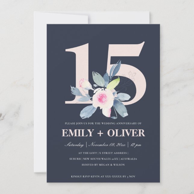 INVITATION NAVY BLUSH BLEU FLORAL 15ÈME ANNIVERSAIRE TOUTE AN (Devant)