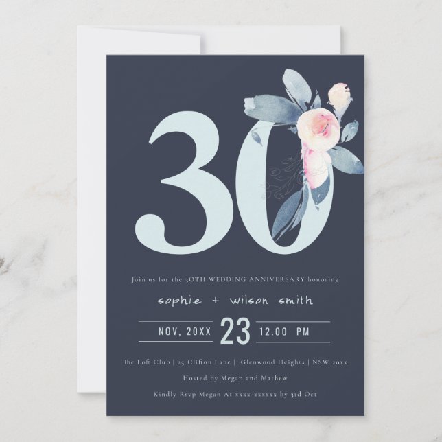 INVITATION NAVY BLUSH BLEU FLORAL 30ÈME ANNIVERSAIRE TOUTE AN (Devant)