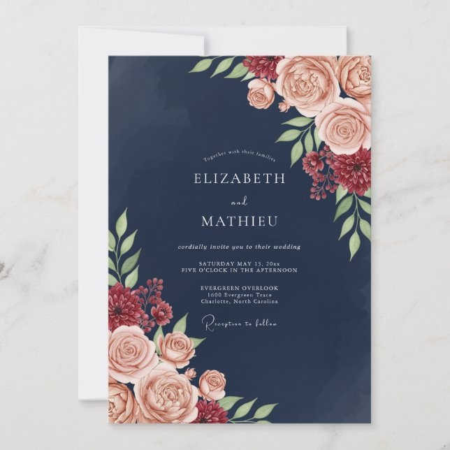 Invitation Navy Blush Bloom Romance Wedding (Devant)