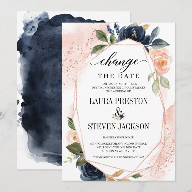 Invitation Navy Blush Floral Géométrique Cadre Changer la Dat (Devant / Derrière)