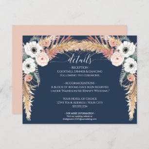 Invitation Navy Blush Floral Pampas Détails sur le Mariage d'