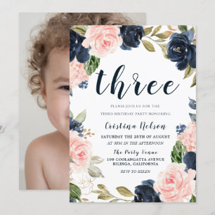 Invitation Navy Blush Flowers 3e fête d'anniversaire garçon o