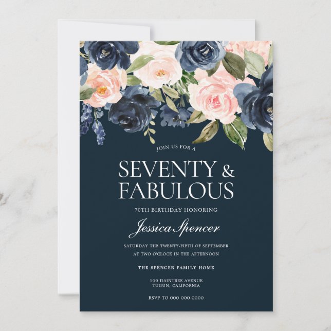 Invitation Navy & Blush Flowers 70e anniversaire (Devant)