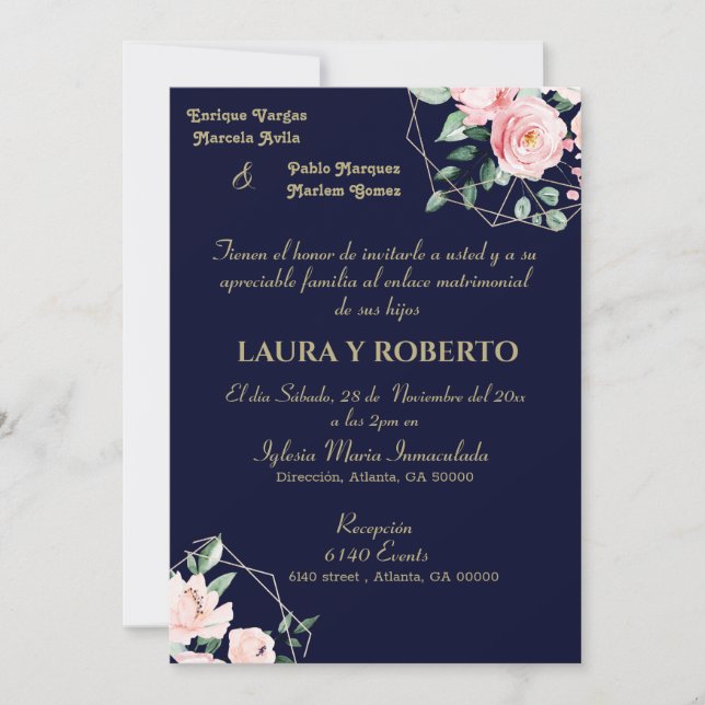 Invitation Navy Blush, mariage floral (espagnol) (Devant)