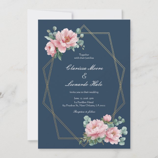 Invitation Navy Blush Peony Gold Frame Wedding  (Devant)