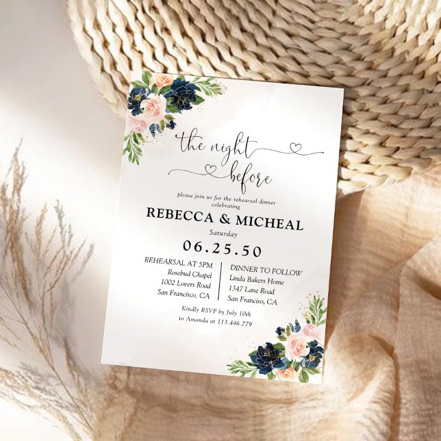Invitation Navy & Blush Pink Floral la nuit avant (Créateur téléchargé)