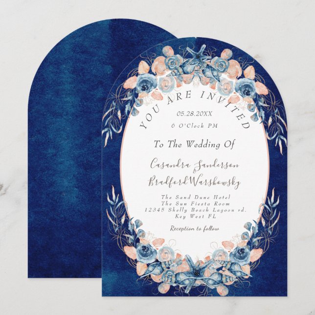 Invitation Navy Blush  Plage Fleur de Coquillage Aquarelle Ma (Devant / Derrière)