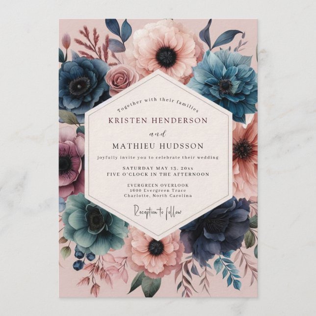 Invitation Navy Blush Vivid Flora Wedding (Devant)
