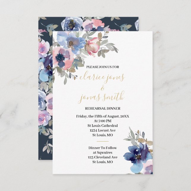 Invitation Navy & Blush Watercolor Flowers Rehearsal Dinner (Devant / Derrière)