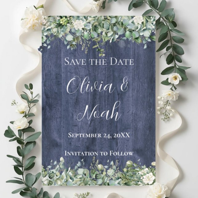 Invitation Navy Bois Eucalyptus Enregistrer la Date | Rustiqu (Créateur téléchargé)