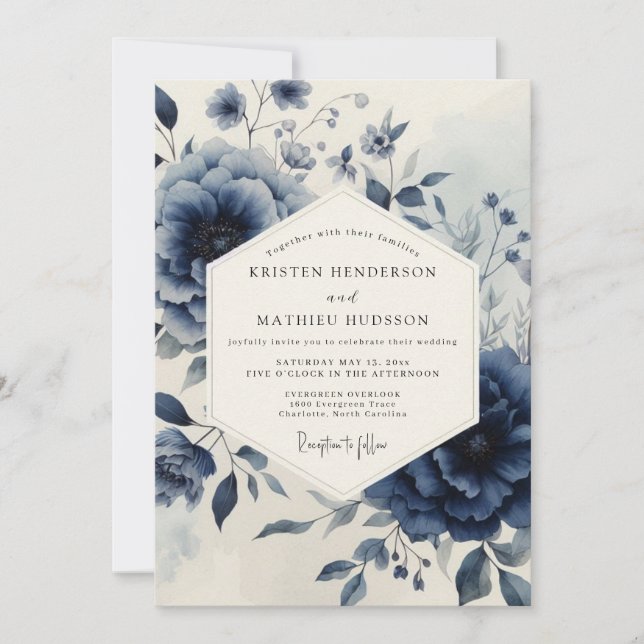 Invitation Navy Botanical Moody Wedding (Devant)