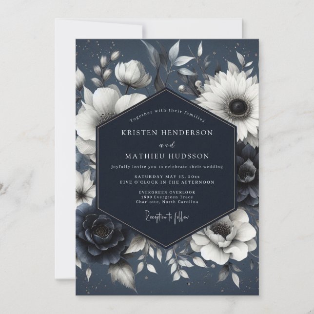 Invitation Navy Botanical Whimsy Wedding (Devant)