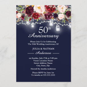 Invitation Navy Bourgogne Floral Lights 50e Anniversaire