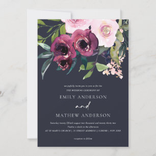 INVITATION NAVY BRIGHT BLUSH BURGUNDY FLORAL BUNCH WEDDING