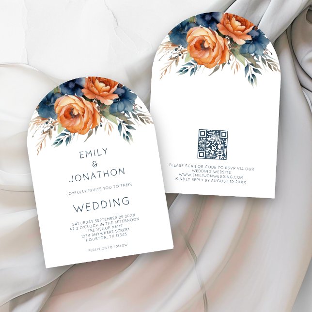 Invitation Navy Brûlé Fleurs Orange Code QR Arche de Mariage (Créateur téléchargé)