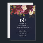 Invitation Navy & Burgundy Flowers 60e anniversaire Invitatio<br><div class="desc">Navy & Burgundy Flowers 60th Birthday Party Invitation collection Matching dans Niche and Nest store. Boho chic bordeaux rouge aquarelle blanche florale Belle aquarelle peinte à la main</div>