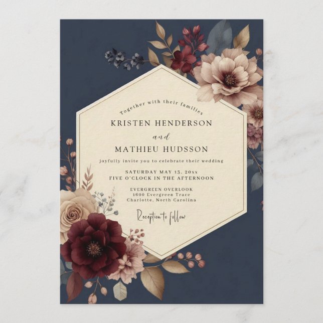 Invitation Navy Burgundy Opulent Bloom Wedding (Devant)