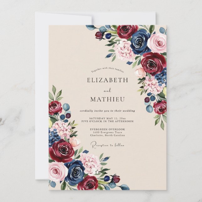 Invitation Navy Burgundy Rich Romantic Wedding (Devant)
