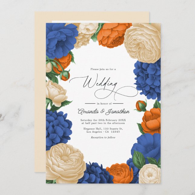 Invitation Navy, Burnt Orange & Champagne Floral Wedding (Devant / Derrière)
