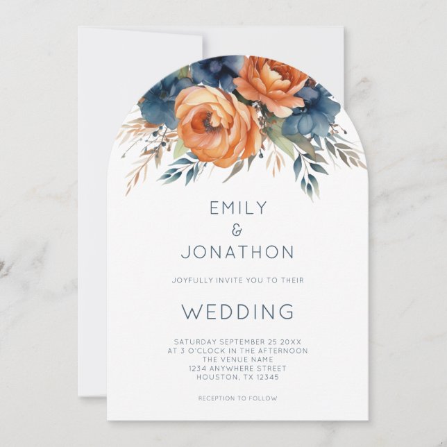 Invitation Navy Burnt Orange Florals QR Code Wedding Arch (Devant)
