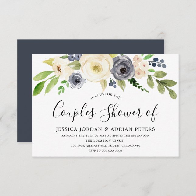 Invitation Navy & Champagne Aquarelle Fleurs Couple Baby Show (Devant / Derrière)