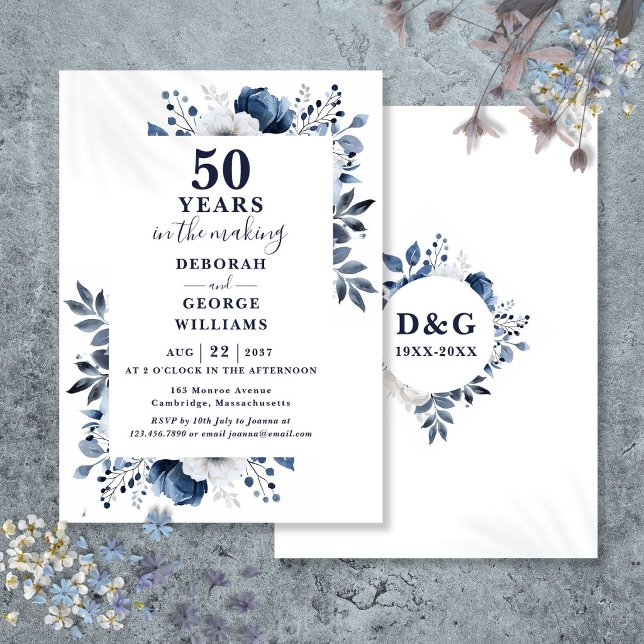 Invitation Navy Chic 50e anniversaire de mariage monogramme (Chic Navy 50th Wedding Anniversary Monogram Invitation)