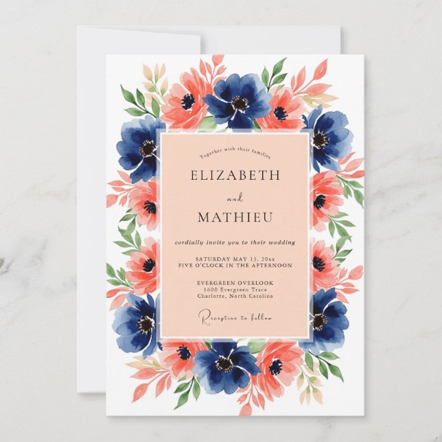 Invitation Navy Coral Blossoming Summer Wedding (Devant)