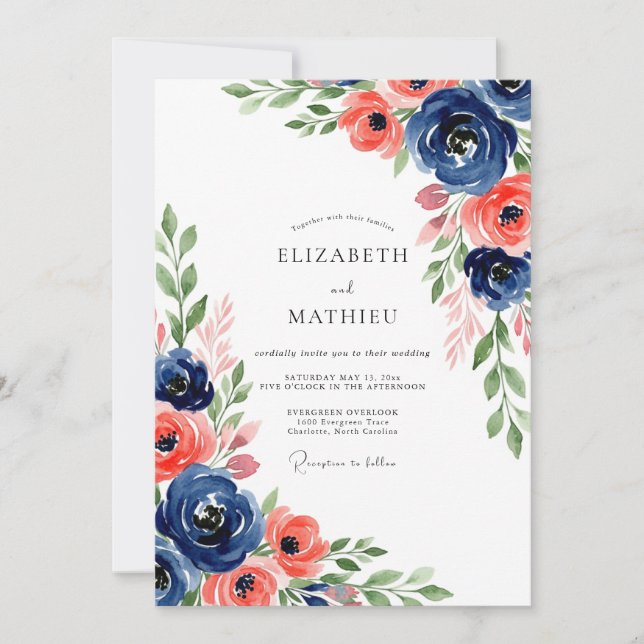 Invitation Navy Coral Botanical Bloom Wedding (Devant)