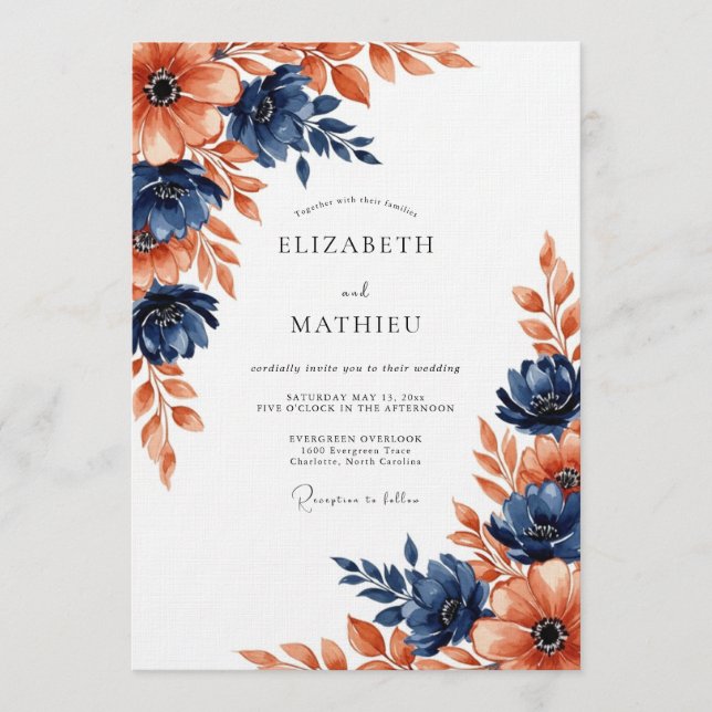 Invitation Navy Coral Painterly Blossom Wedding (Devant)