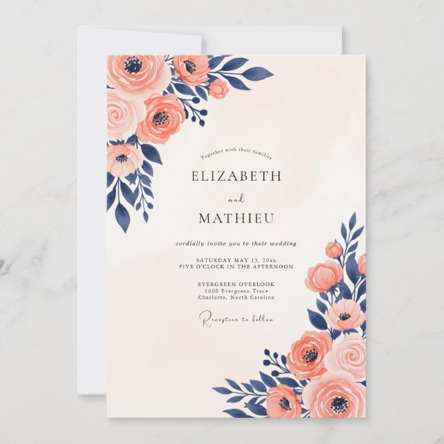 Invitation Navy Coral Painterly Summer Wedding (Devant)