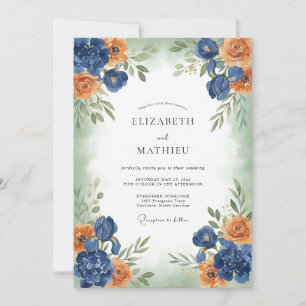 Invitation Navy Coral Peinture Fleurie Mariage