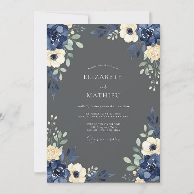 Invitation Navy Cream Floral Wedding (Devant)