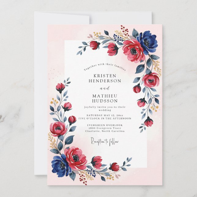 Invitation Navy Crimson Romantic Summer Wedding (Devant)