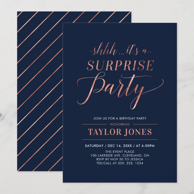 Invitation Navy & Cuivre | Moderne Fête d'anniversaire surpri (Devant / Derrière)