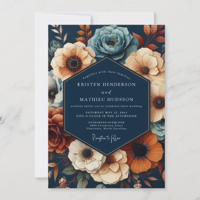 Invitation Navy Deep Floral Opulent Wedding (Devant)
