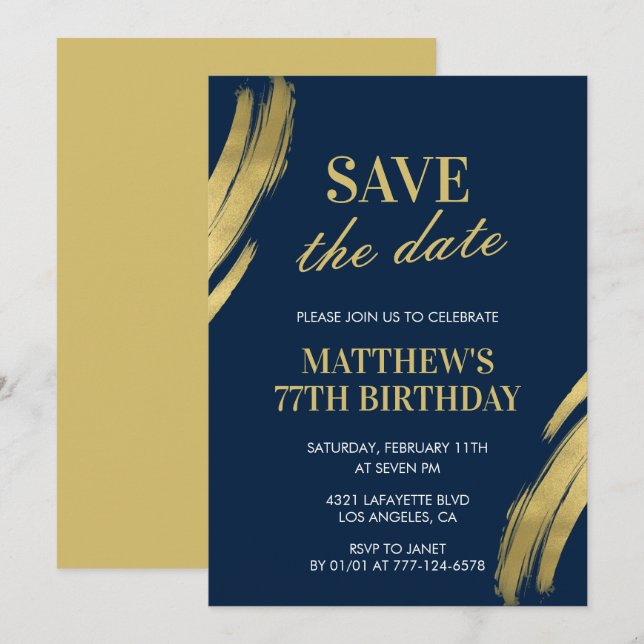Invitation Navy élégant 77e anniversaire Sauvegarder la date (Devant / Derrière)