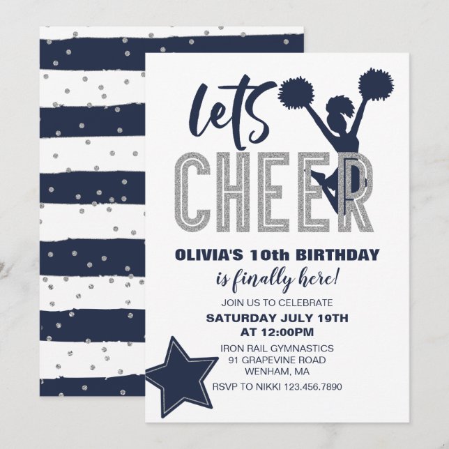 Invitation Navy et argent Cheerleading Joyeux Anniversaire (Devant / Derrière)
