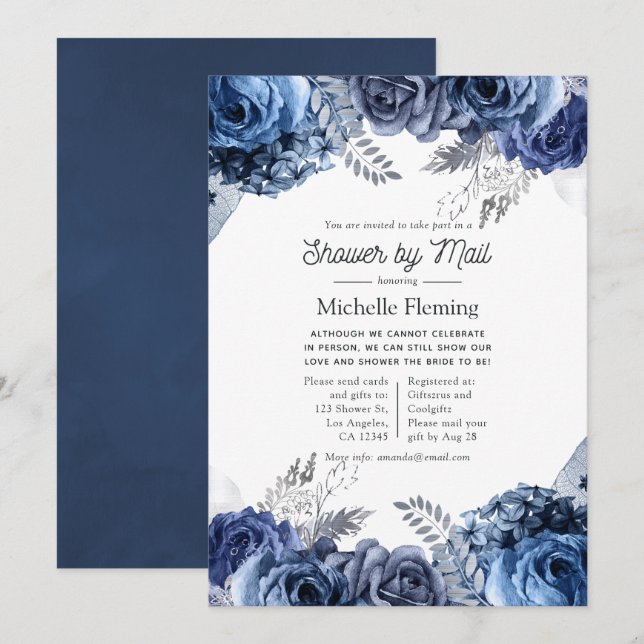 Invitation Navy et Blanc avec Baby Shower par la Poste Argent (Devant / Derrière)