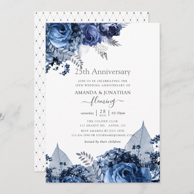 Invitation Navy et Blanc avec Feuille d'Argent 25e Anniversai (Devant / Derrière)