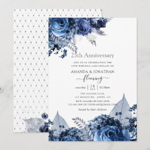 Invitation Navy et Blanc avec Feuille d'Argent 25e Anniversai