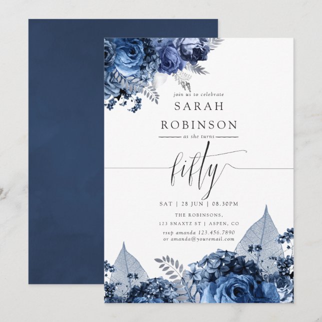 Invitation Navy et Blanc avec Feuille d'Argent 50e Anniversai (Devant / Derrière)
