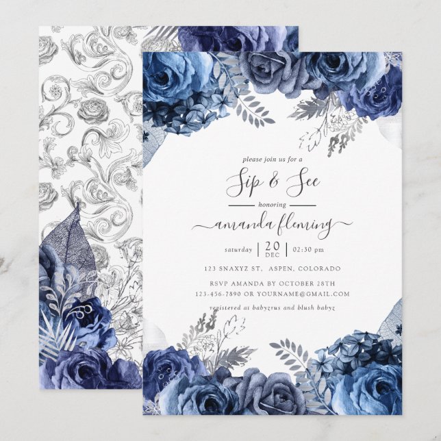 Invitation Navy et Blanc avec Fleurs en Feuille d'Argent Sip  (Devant / Derrière)