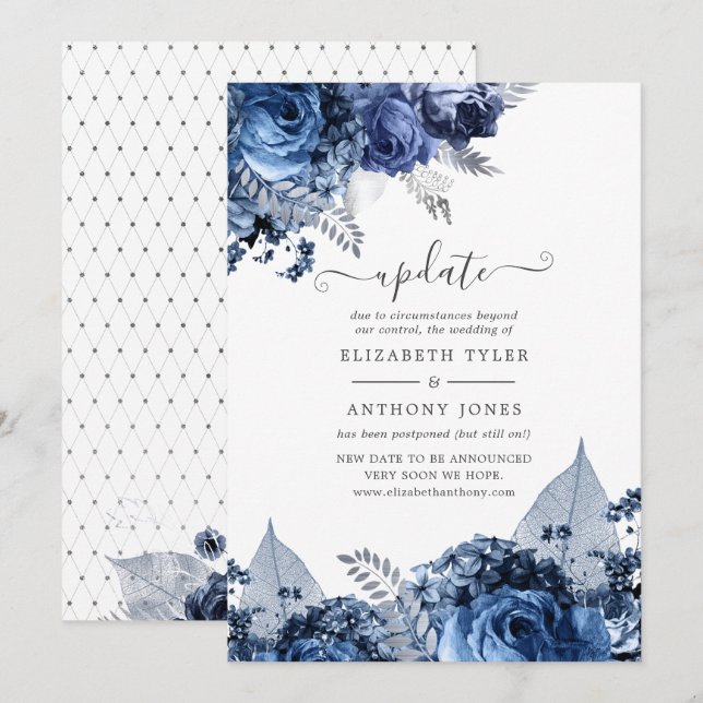 Invitation Navy et Blanc avec Mise à Jour de Mariage en Feuil (Devant / Derrière)