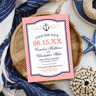 Invitation Navy et Corail Ancre Nautione Enregistrez la Date
