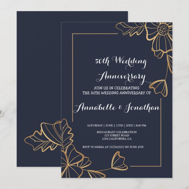 Invitation Navy et floral doré   Mariage Anniversaire (Devant / Derrière)