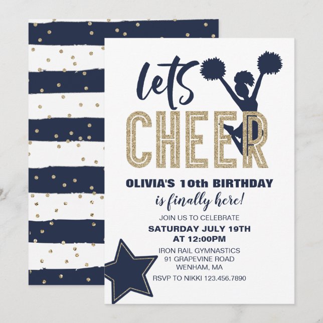 Invitation Navy et Or Cheerleading Anniversaire Fête (Devant / Derrière)