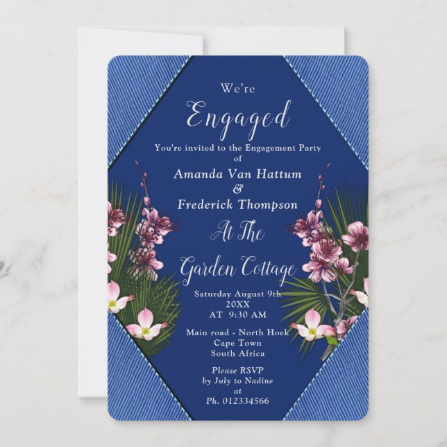 Invitation Navy - Fleurs bleues et roses Engagement (Devant)