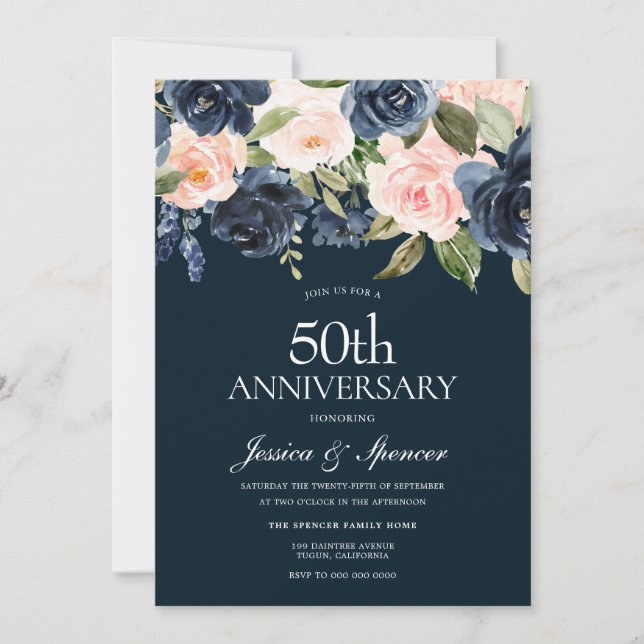 Invitation Navy & Fleurs Blush 50e Anniversaire de Mariage (Devant)