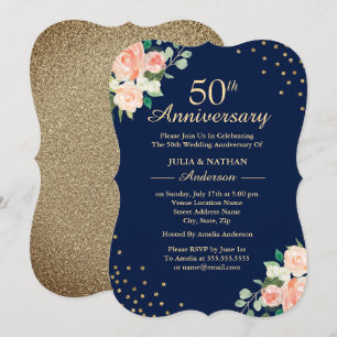 Invitation Navy Fleurs Confettis 50e Anniversaire de Mariage