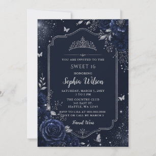 Invitation Navy Fleurs Papillon Argent Douce 16